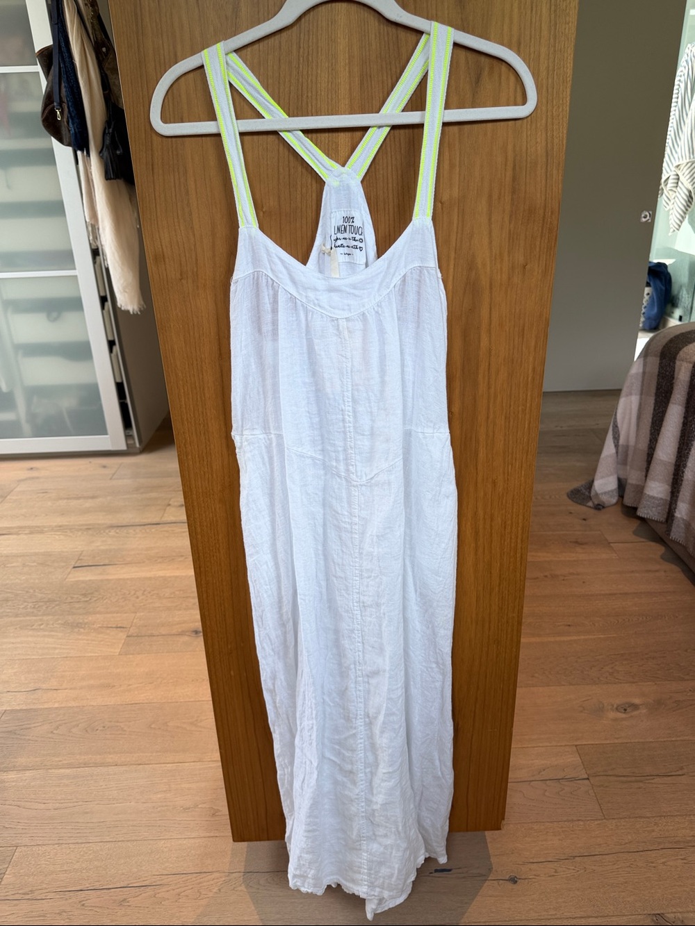 100% Linen White Maxi Dress  Cover up with Neon Yellow Straps